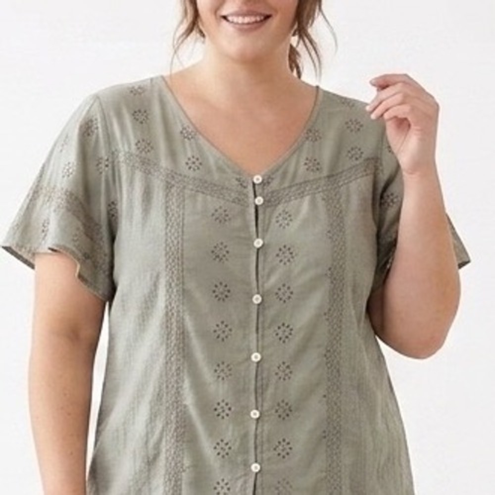 Maurices Sage Green Eyelet Button Down Blouse Plus Size 2X Boho Short Sleeve